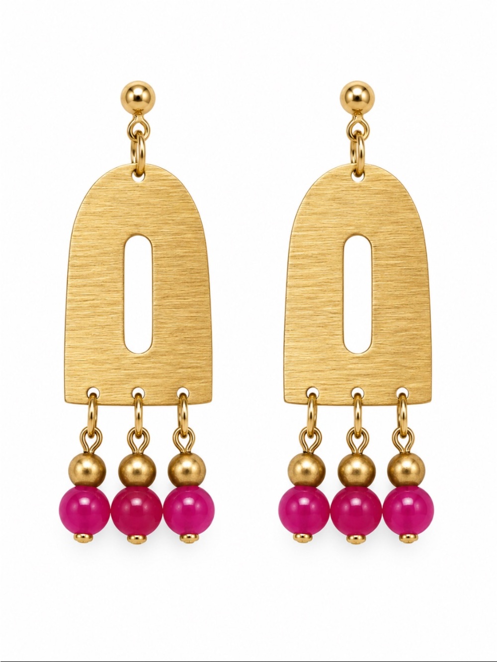 Gold Tone Geometric Drop Earrings with Fuchsia Pink Beaded Dangles